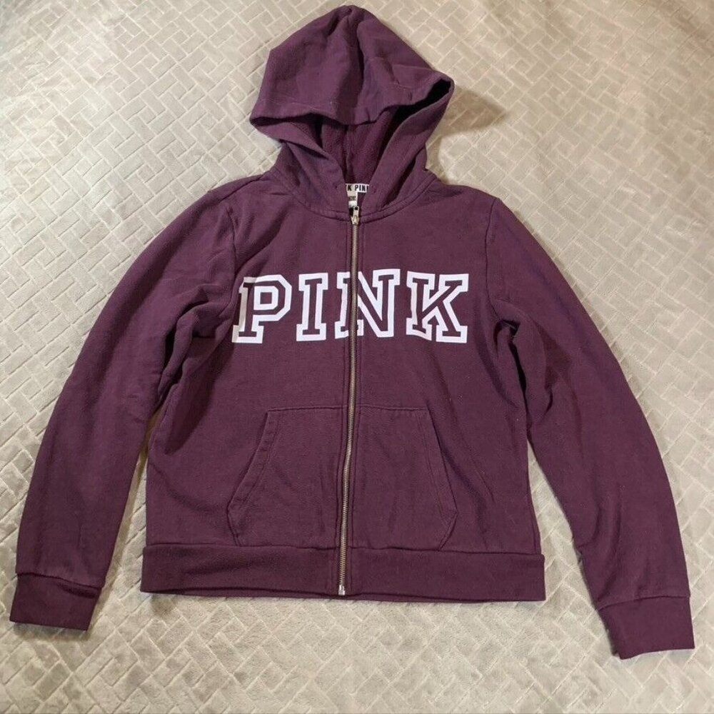 Pink Victorias Secret Women Large Hoodie Sweatshirt Purple Full Zip Cotton Blend